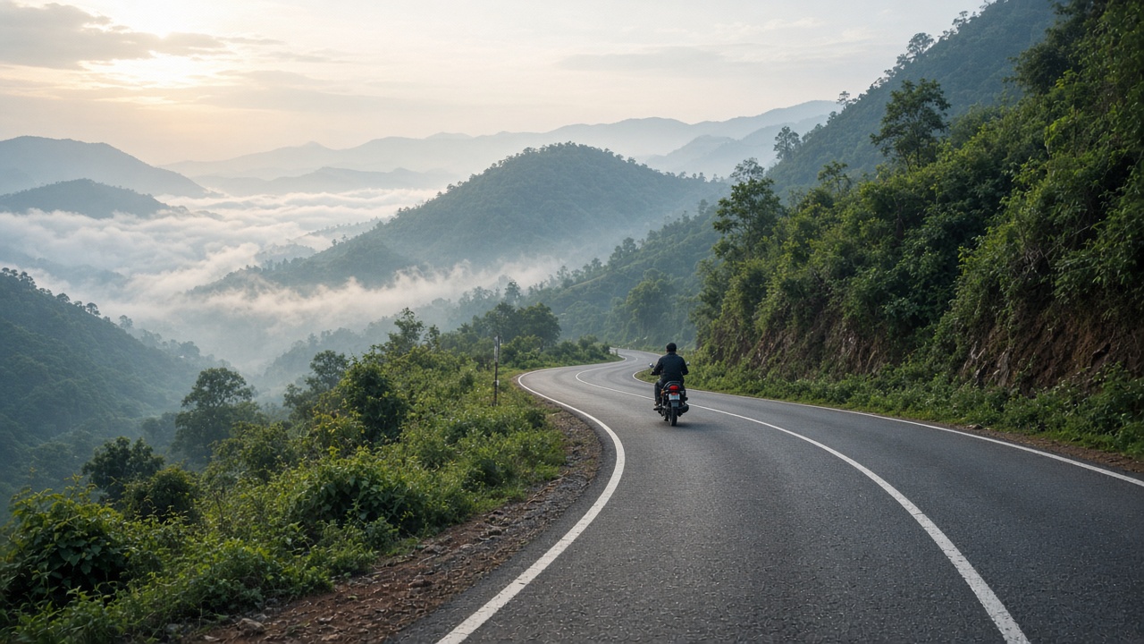 Mountain road through green hills at golden hour