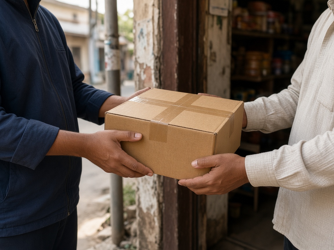 Courier handing a sealed parcel at a doorway