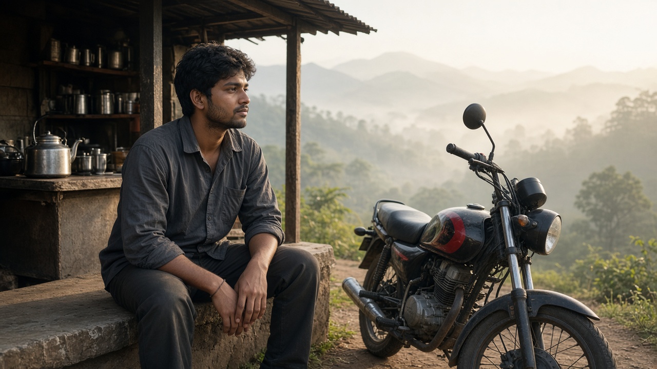 Delivery partner resting by a motorcycle near a tea stall