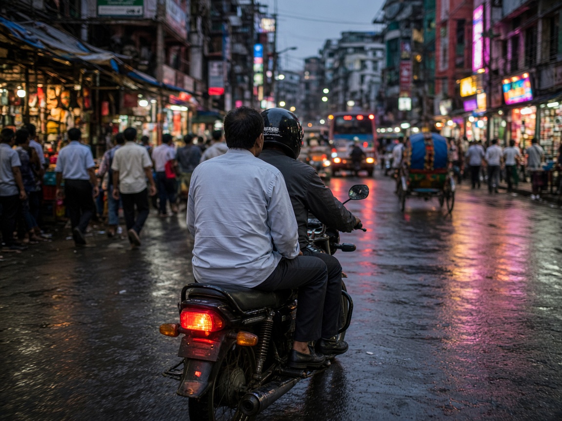 Motorcycle ride through city streets at dusk